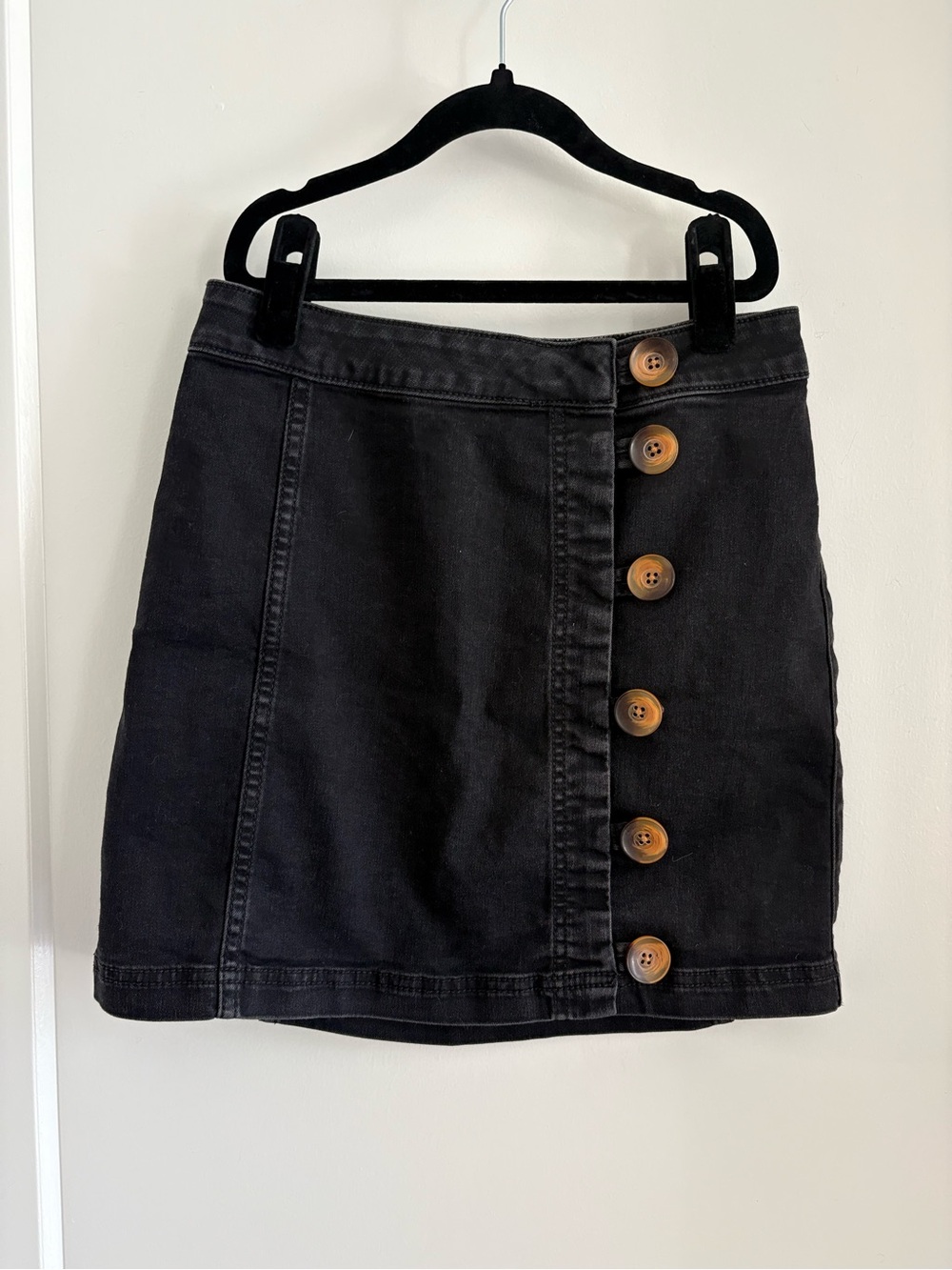 Free People Black Mini Skirt with Wood-Tone Buttons